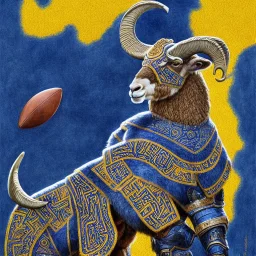 Book of Kells carpet page in blue and yellow colors, picture of a bighorn ram in armor and holding a football, a highly detailed illustration, realistic render, 8 k, micro detail, intricate, elegant, centered, digital painting, Artstation, smooth, sharp focus, illustration, artgerm