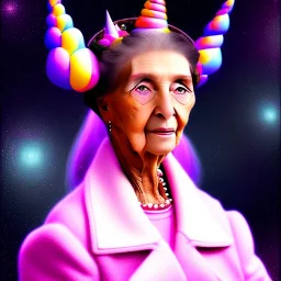 Retrato de una abuela muy guapa llamada Carmen Mozos Bugallo montando un unicornio rosa con el estilo de Vincent van Gogh