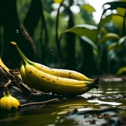 Close-up shot of a floating banana, melting trees in the background