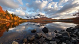 autumn reflections on a small lake, with the mountain in the background and rocks beneath dramatic clouds