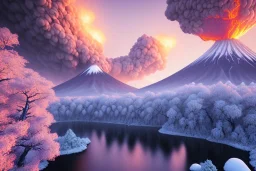 Japanese Fuji Mountain,eruption lava flows into snow , concept art, smooth, extremely sharp detail, finely tuned detail, ultra high definition, 8 k, unreal engine 5, ultra sharp focus, illustration, magic ambient, cherry blossom trees , bonsai trees , japanese gondolas .