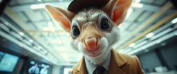 extreme close up on cheeky fluffy weasel news anchor elf family scumbag in the style of Escher and Giger and Fallout 4, pinhole cam, airbrush 3d rendering, on tv screen:A five-second cinematic single take in a clean industrial presentation hall.