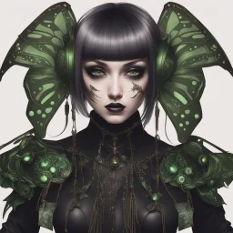 Full body, gothic woman with a bob with a fringe hairstyle, steampunk metal moth wings, green markings, black background