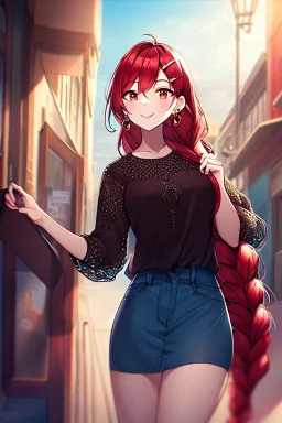 girl, masterpiece, best quality, cinematic lighting, detailed outfit, vibrant colors, perfect eyes, red hair, red eyes, long hair, braided ponytail, hairclip, earrings, smile, casual clothes,