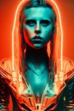 Danish Singer MØ cyberpunk, orange tones, high lighting