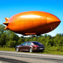 award winning photograph of a steampunk house-fly ufo dirigible designed by only one vehicle per image painted metallic orange traveling at a high rate of speed, jet intake off of front center of vehicle and jet exhaust out the rear bilaterally symetrical, more a high speed road vehicle