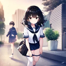 Clear focus, High resolution, short black hair, black eyes, wearing a sailor uniform, rough line, frowning, chopped bangs, fluffy hair, long white socks, rough line