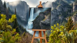 In the foreground, a delicately crafted easel supports a canvas that seamlessly integrates with the surrounding landscape. The focal point of this picturesque scene is a majestic waterfall cascading down rugged cliffs, enveloped in a misty veil. The artwork appears to be a hyper-realistic oil painting, capturing every intricate detail of the shimmering water, lush foliage, and dramatic lighting. This masterful creation exudes a sense of tranquility and awe-inspiring beauty, showcasing the artist