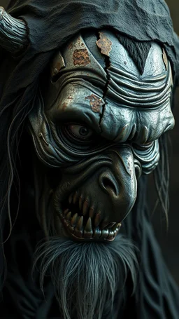 Busch painting style nightmare, a zoomed 3/2 view of a witch by his face skin is a rusted broken metallic skin texture in a 3d rendering full-height image of a grim and dark scene. Ensure the final images exhibit the utmost quality, encompassing 4K, 8K, and 64K resolutions, with 3D rendering that manifests in photorealistic, hyperrealistic, and highly detailed representations. Employ techniques such as HDR, UHD,