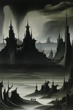 A black gloomy isles with shadow monsters painted by Raymond Duchamp-Villon