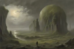 Grey sky with one planet un the sky, sci-fi, 2000's sci-fi movies influence, rocks, cliffs, vegetations, emile claus and auguste oleffe impressionism paintings