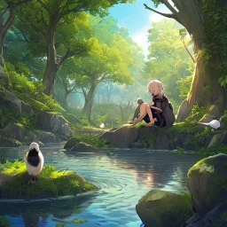 anime girl meditating pose with eyes closed and her hands on her knees and she is looking up, rock trees, birds, creek