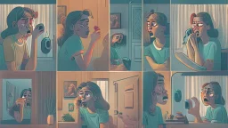 8 panels showing 8 different people in their house talking on the phone getting upset