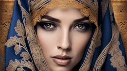 portait of a woman with striking golden-brown eyes, which are partially concealed by a dark blue headscarf. Her shyly looking into the camera. The combination of her lace headscarf, beautiful eyes and the fine lace of her face veil creates an intriguing and visually appealing scene, highly detailed, high contrast, perfect lights, masterpiece