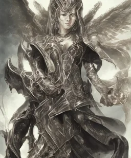 An angel of death, descended from a dragon, a sorcerer of high power, horns and scales replacing skin, gold scales, avenging angel, she will kill you, blind