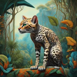 Create a surreal digital painting of an ocelot, seen from the side, whole body, heraldic and with a jungle background, in the style of Max Ernst. Modifiers: digital painting intricate beautiful high detail hyperrealistic high definition crisp quality colourful surreal alcohol ink Haunted Nature