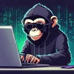 A grinning Monkey sitting in front of a laptop, hacking systems, wearing a hoodie and sunglasses. Matrix in background. Pixel Art. Profile Picture. Avatar. Pixel