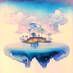 A watercolour painting, A landscape with floating islands suspended in the sky, each representing different states of mind – reality, dream, memory, fantasy, and delusion. The person could be standing on one of these islands, trying to navigate through them, symbolizing their struggle to ground themselves in reality amidst a sea of imaginary worlds.