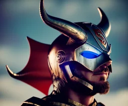 Superhero, bullseye mask, horns, cape, viking shield, jellyfishsombrero, metal, steel hands, strong, chest plate, gloves, pauldrons, pressurized boots, radium, sleeved, muscular, mustache