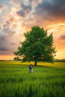 The Green Grass field of gold sting song under a beautiful stormy sky and cloudy sky in the beautiful sunset .A big Tree with green leaves standing in the middle , a couple hugging each other in romantic theme under the tree