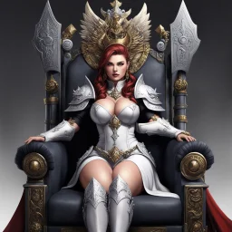 some extra heretical 40K, a genderbent version of Big Emmanuelle himself on the throne. Or is it herself here, I guess? regular, slightly fetishistic 40K style of depicting females with boobplates and all and still have the figure af the Big Emmanuelle exude an air of serious authority.
