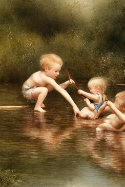 four kids SWIMMING AND PLAYING on beautiful lake . one of them cooking fish and the other three playing on a by Jean-Baptiste Monge, highly detailed, lighting, very attractive, beautiful, high detail, award winning, hyper-realistic, high definition, crisp quality, watercolor highly detailed Award winning photography photorealistic