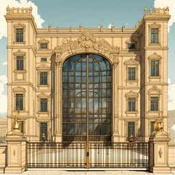 a glass walled palace with a a big lock in the main door