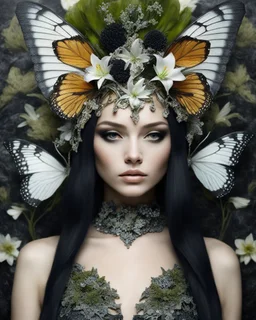 Photography Realistic Beauty Natural colors beautiful young woman adorned with butterflies and lily flowers with white, colors crystals and little moss on them, headdress wearing butterfly embossed dark goth punk shamanism style floral embossed and ribbed dress organic bio spinal ribbed detail of art nouveau background extremely detailed hiperrealistic maximalist portrait art