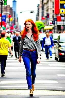 slim redhead woman walking across a busy street