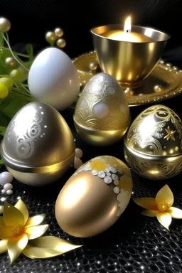 Jaja zloto srebrne z gwiazdkami kryształkami święta geometria narodziny bogini Wenus świece