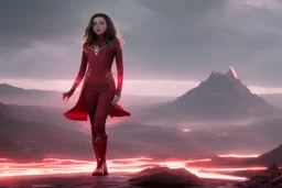 Wanda Maximoff, feiticeira escarlate usando traje vermelho de vestido, destruindo a realidade, governando o mundo, destruição, 4k render, dramático, cinematográfico, poderes destruindo tudo, expressão brava