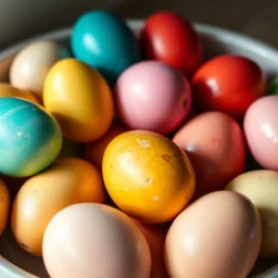 A hyperrealistic, ultra-high-resolution photograph (16:9 aspect ratio) depicting a meticulously arranged cluster of Easter eggs, bathed in soft, diffused natural light. The eggs, showcasing a vibrant palette of spring colors—azure, emerald, ruby, golden yellow, and delicate blush pink—exhibit a flawlessly smooth, glossy surface, reflecting the light with subtle highlights and deep, rich shadows. Each egg possesses unique, intricate patterns, subtly visible under the light, ranging from delicat