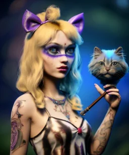 Ultra realistic photo, happy couple, blonde Alice woman and purple cat smoking a pipe, circus blue dress style, black headband with bow, old school body tattoo, smoke, marihuana garden, glow eyes, perfect iris, soft color, highly detailed, unreal engine 5, ray tracing, RTX, lumen lighting, ultra detail, volumetric lighting, high definition.