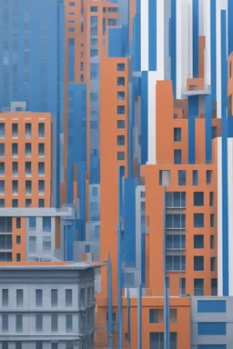 Dystopian city filled with blue flags