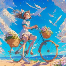 A girl is riding a bicycle on the beach. His cat is sitting in the front basket of the bicycle. Spring flowers can be seen everywhere. Beautiful blue sky with white clouds - kites in the sky. sense of peace. digital art, anime, 8k, full details, colorful, high resolution