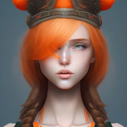 Female teen with tan skin, round face, young, sweet looking, earth witch, orange hair, eyes colored orange, orange witch hat