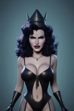 Rita Hayworth as evil queen in black leather, busty, cleavage, curvy, angry, stern look. character design by cory loftis, fenghua zhong, ryohei hase, ismail inceoglu and ruan jia. unreal engine 5, artistic lighting, highly detailed, photorealistic, fantasy