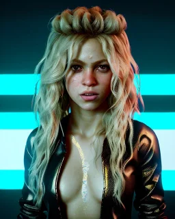 portrait, Shakira, blonde artist, angry, Realistic image, MMA robe, hoodie, mma gloves, loose long hair, eyes, make-up, gold line make up, moisture, sweat, fog, goddess, Neon colors, leds. Black background, photo studio, concept art, smooth, unreal engine 5, god lights, ray tracing, RTX, lumen lighting, ultra detail, volumetric lighting, 3d, finely drawn, high definition, 4k.