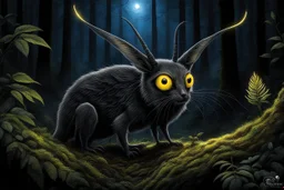 The nocturnal forest creature shown in the picture, the Nosferat, is able to find its way around in the dark (with its two large yellow glowing eyes). On its head, it wears elongated, dark ears and two thin antennae-like hairs, with which it can hear and recognize even the tiniest sounds. A (its body is slender, with smooth black-silver scales), so it can hide very well. It feeds on predatory forest animals and birds, and also sucks their blood. Its two front needle-like teeth help it suck blood