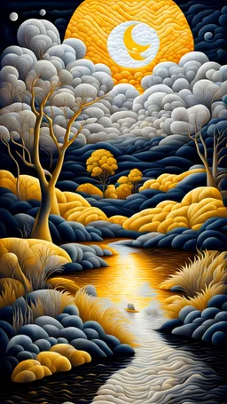Beautiful white and dark quilted texture moonlit night golden yellow landscape. Surrealism, futurism, aesthetics – full perspective without frames Modifiers: elegant extremely detailed fantasy intricate very attractive fantastic view crisp quality Picasso water colour John James Audubon