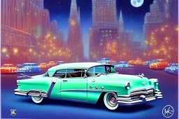 a true-to-life 1953 Buick Super Riviera Coupe, centered, intricate, extreme detailed, photorealism, center view, city background, pivot on buick, pen and color marker painting by cheryl kelley