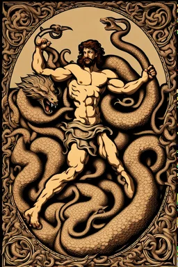 Hercules fighting the hydra in the style of alchemical art