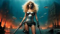 [new wave of british heavy metal] Barbarella, a fishing rod in hand, stands in murky waters of a post-apocalyptic underwater city. surreal scene , dreamlike, metropolis submerged in chaos , blood and danger. in the sunsets she stands with a fierce sense of power, surrounded by circling sharks. The sharks' teeth moving in the light, add to the tension. weirder the better. Bigger monsters. Stronger hero