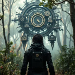 Scene from a modern fantasy live-action movie featuring the "Garden of Practicality", the Clockwork Forest Realm of Ix Chel, Cyberpunk style. At most one human being viewed from the back in the distance.