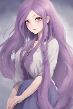 beautiful woman with green eyes and long purple hair anime realistic