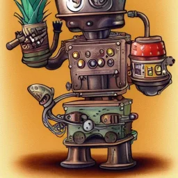 Fruit bot steam punk cartoon character very detailed and funny