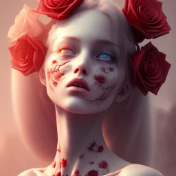 old cracked skulls and red roses, flower beautiful girl,utra realistic,highly detailed, sharp focus, insanely detailed, parallax flowers, honeybee, fantasy art, intricate detailed, elegant, fog, Special Lighting, Vibrant, color Scheme, forest, unreal engine 5, trending on artstation