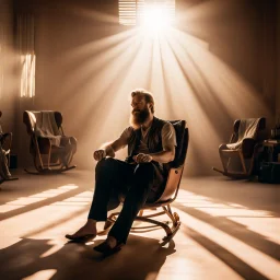 "In the center of the image, an men with beard is seated on a comfortable chair wearing rocker attire. The room is cast in a gentle shadow, with sunlight streaming in from the side, creating a warm and inviting atmosphere."