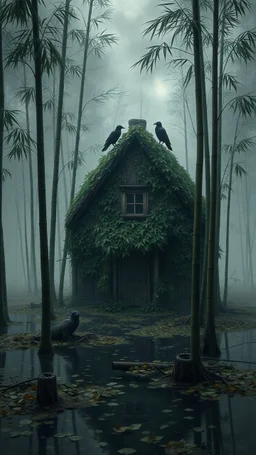 A swamp surrounded by bamboos long trees in cloudy, depressing, foggy, with a dim of light in the distance , there.is an abandoned cottage covered with leaves. A close look of strange scary creature sitting outside the cottage and black crows on the top of the cottage, Bruegel painting style