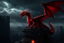 red dragon on top of a building wings outstetched dark fantasy lightening